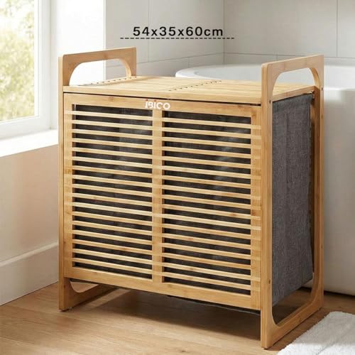 Çamaşır Sepeti, Kalın Ahşap Bambu 2 Bölmeli Kirli Kumaş Çantalı Sepet=54X35X60 CM (5264)