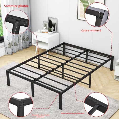 VERFARM Cadre de lit en métal 120 x 200 cm avec sommier à lattes en métal moderne pour adultes, enfants, adolescents, montage facile, double noir, hauteur : 36 cm – vue 5