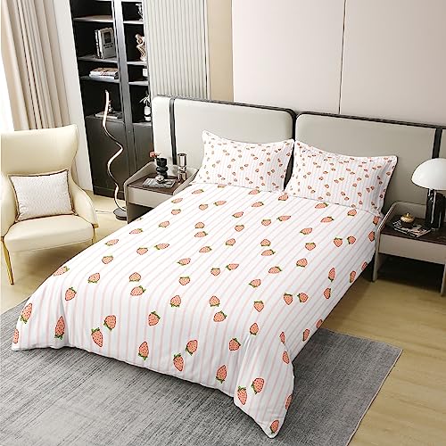 Strawberry 100% Cotton Duvet Cover Set King Size Girls Kawaii Strawberry Print Bedding Set for Kids Teens Pink Stripe Comforter Cover Set Breathable Cute Fruit Bedspread Cover Room Decor Quilt Cover - Image 3