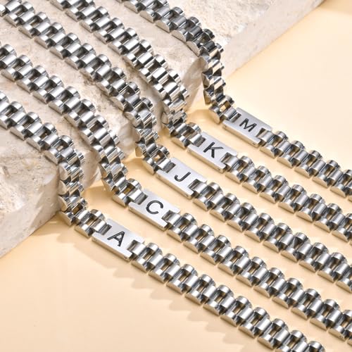 VNOX Initial Bracelet for Men - Stainless Steel Watch Band A-Z Letter Silver Link Bracelets,Fathers Day Gift for Dad Boyfriend Teen Boy Women Mens Jewelry Gifts for Him4