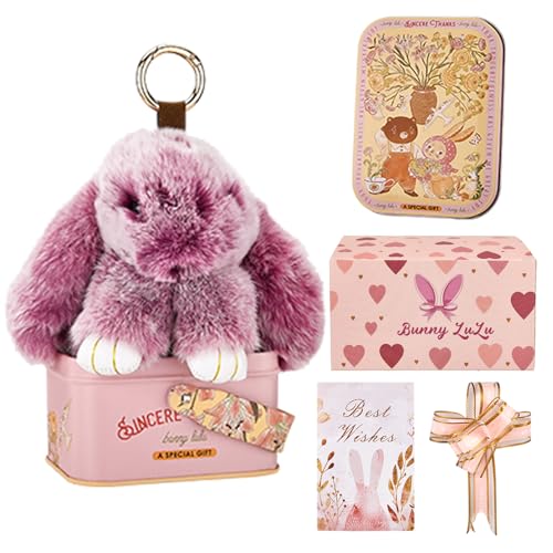Bunny Keychain with Tin Box Soft Plush Handmade Rabbit Keychain with Best Wishes Card & Ribbon Bag Charm