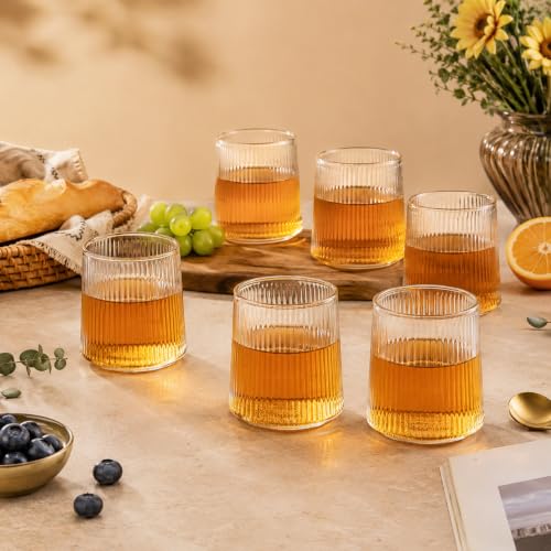 Image of WRINGO 200ML Ribbed Juice Glasses, Premium Transparent Drinking Glasses for Juice, Whisky, Water & Cocktails, Elegant Tumbler Glassware Set for Home, Kitchen Set of 6