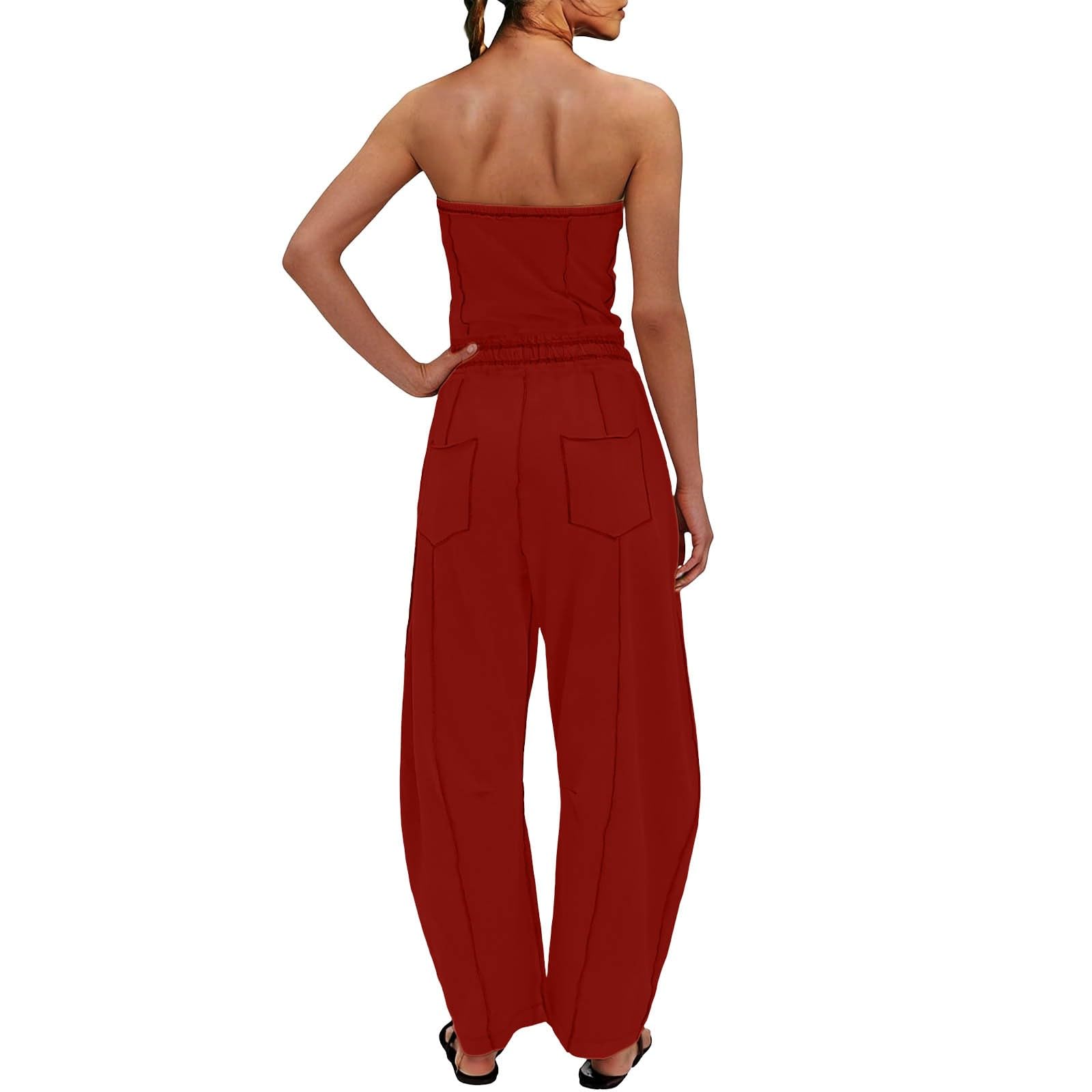 Tuta lunga estiva da donna, sexy, con tasche, ampia | Tuta intera con gamba, tinta unita, per il tempo libero, con coulisse, elegante, leggera, per tutti i giorni e le vacanze