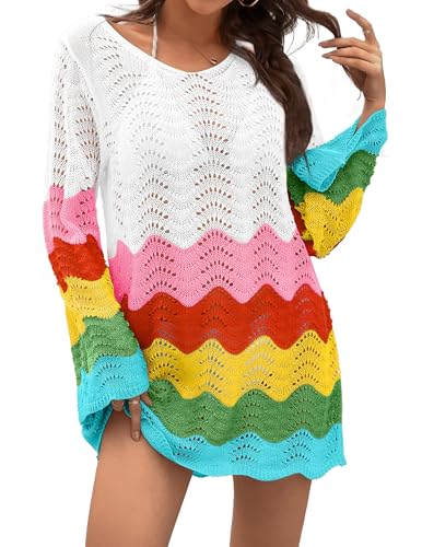 BB&KK Womens Crochet Swimsuit Cover Up Long Sleeve Summer Bathing Suit Color Block Bikini Mesh Knit Swimwear Beach Dress 2025