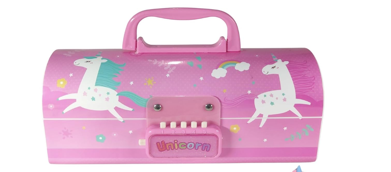CELEBRINO Unicorn Plastic Pencil Box with Code Lock Pen Case Large