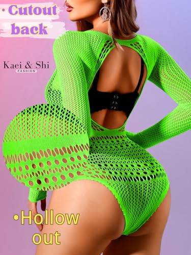 Image of Kaei&Shi Sexy Hollow Rave Outfits, Fishnet Bodysuit Fits US Women Sizes 0-18, Sheer Lace Glow Party Tops Festival Mesh