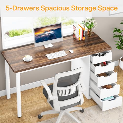 Image of Tribesigns Computer Desk with 5 Drawers, 47 inches Rustic Brown Home Office Desk with Storage, Modern Simple Laptop Desk Study Writing Table for Small Spaces (1, Brown+White)