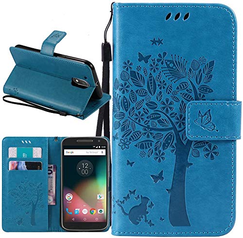 Harryshell Moto G4 Play Case, Caving Tree Kickstand Flip PU Wallet Leather Protective Case Cover with Card Slot & Wrist Strap for Motorola Moto G Play Version (2016) / G4 Play (Blue)