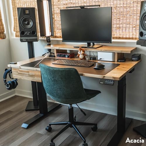 Image of Desky Electric Standing Desk, 80 x 30 inch Softwood Height Adjustable Sit Stand Desk, Dual Motor, Memory Presets, Ergonomic Workstation for Home Office - Acacia Wood Top