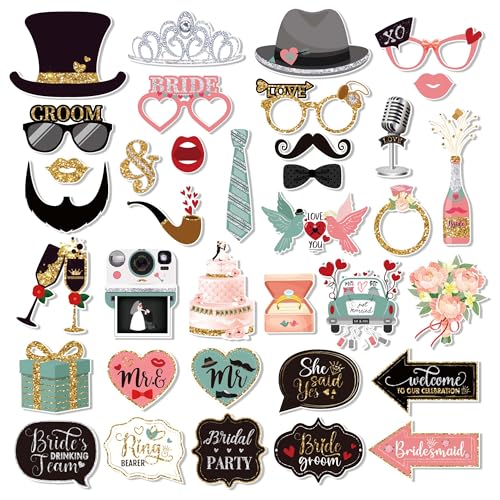 36 PCS Wedding Photo Booth Props Party Supplies Selfie SignsHoliday Picture Decorations Photo Booth Props for Weeding Party Favors Pose Sign Kit Fun for Party