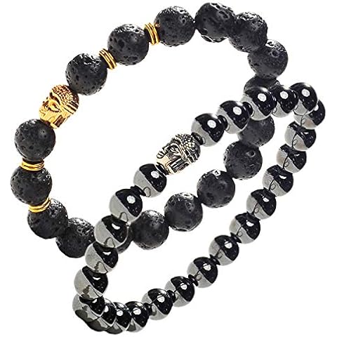 Earth Therapy Buddha Root Chakra Bracelet Set - Gold Plated Volcanic Lava and Hematite Healing Bracelets - Adjustable - for Men, Women and Yogis - Gift Set of 2 Cover