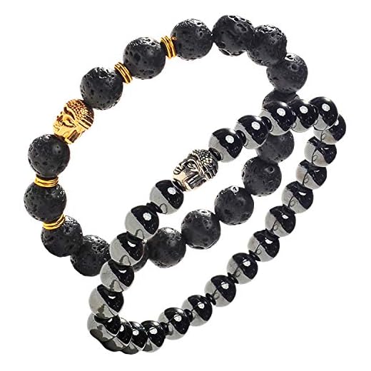 Earth Therapy Buddha Root Chakra Bracelet Set - Gold Plated Volcanic Lava and Hematite Healing Bracelets - Adjustable - for Men, Women and Yogis - Gift Set of 2