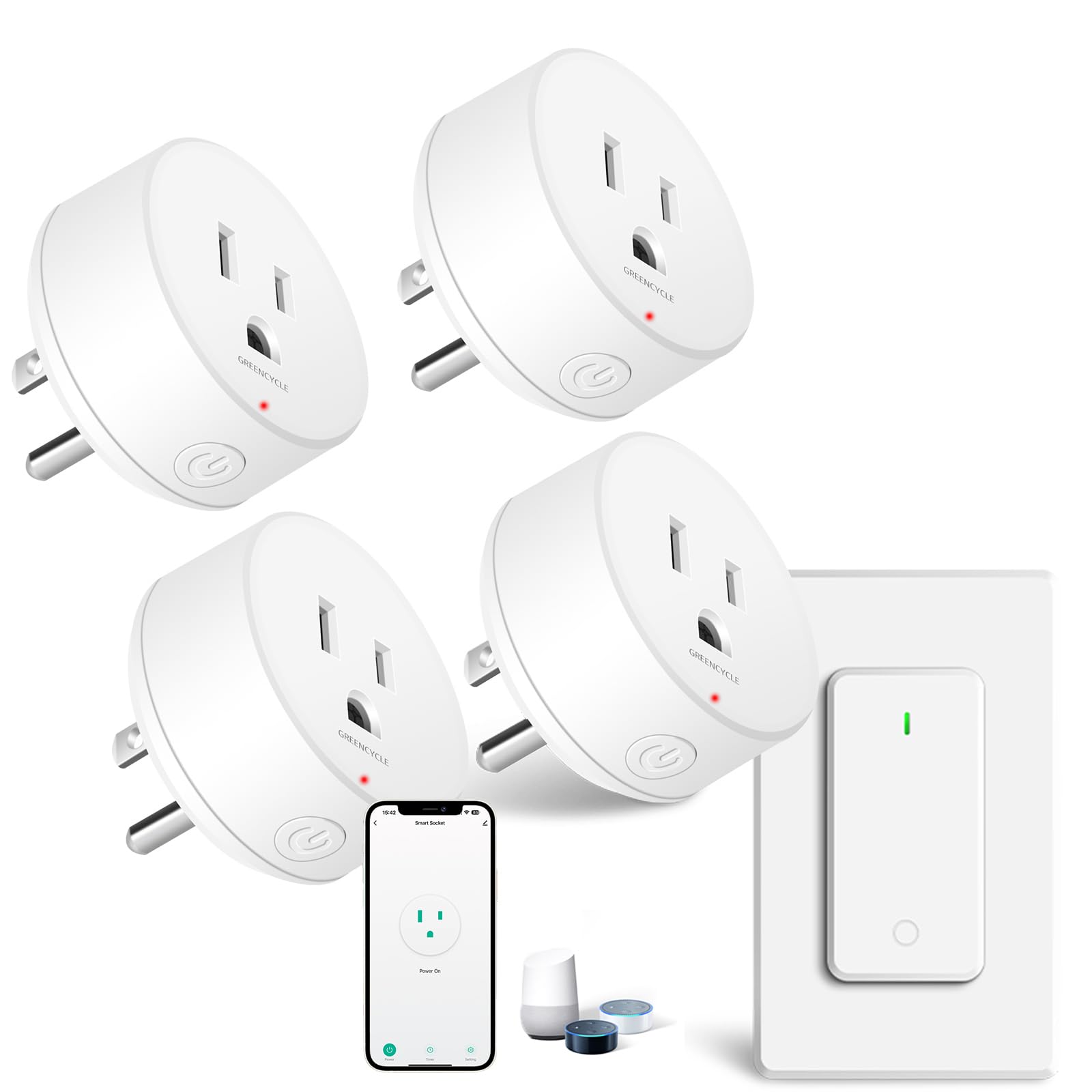 WiFi Smart Outlet Plug with Remote GreenCycle 4 Electric Smart Plug with Remote Compatible with Alexa and Google