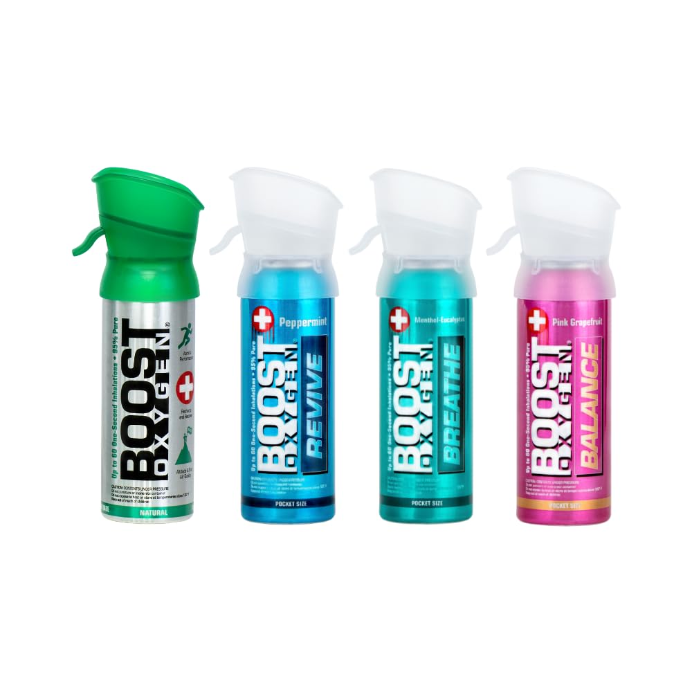 Boost Oxygen Pocket Size 3 Liter Canister Variety Pack | Includes 1 Natural, 1 Peppermint, 1 Menthol-Eucalyptus & 1 Pink Grapefruit (4 Pack)