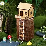 JULEASEL Mini Wooden Treehouse with Ladder – Plant Mini Treehouse, Miniature Flower Pot Tree House, Fairy Garden House, Rustic Log Cabin Desktop Ornament