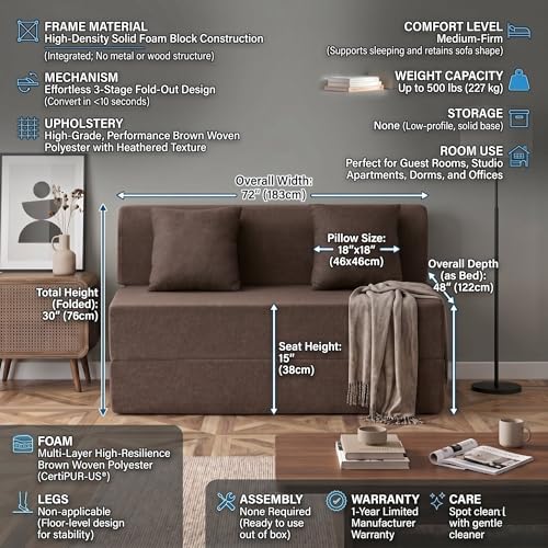 Image of Foldable Four Seater Sofa Bed 6 X 6 Ft Jute Fabric Washable Cover Sofa Cum Bed with Cushions Convertible Sofa Bed for Home, Office (Brown Color - Pre-Assembled)