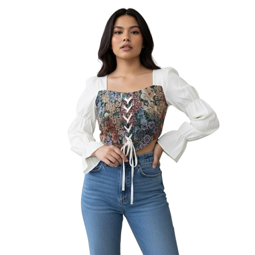 trendy fitted snatched corset pattern top floral design (IN, Alpha, L, Regular, white)-picture-47