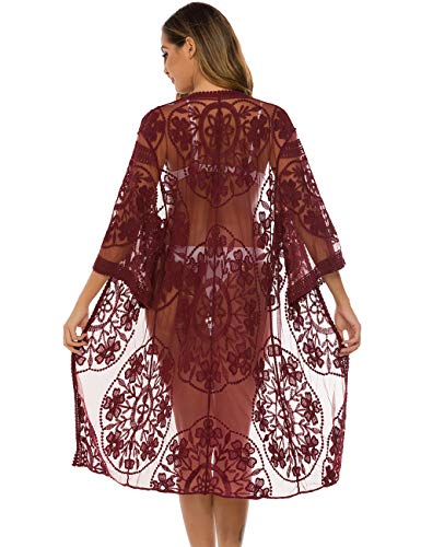 Romanstii Women's Lace Cardigan Floral Crochet Sheer Beach Cover Ups Long Kimono (Wine Red, One size) - Image 3
