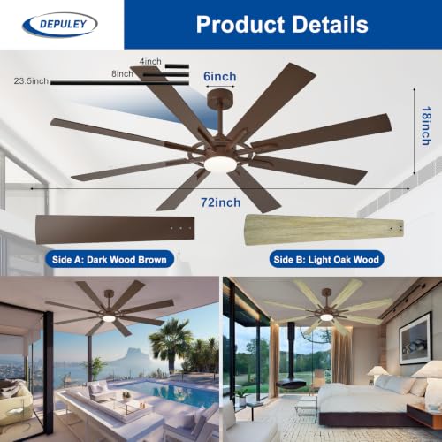 Image of Depuley 72-Inch Ceiling Fan with Light: Modern 8-Blade Brown Indoor Outdoor Fans with Remote Control Dimmable Light - Ultra Quiet DC Motor Reversible 6 Speed Timer