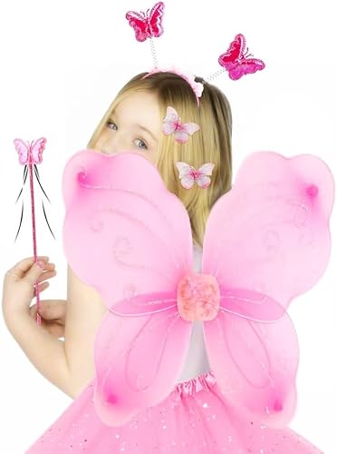 Miniatura 7 de WILDPARTY Juego de disfraz de hadas con alas de mariposa, tutú, pinzas para el cabello de mariposa, varita mágica, diadema y velo para edades de 3 a