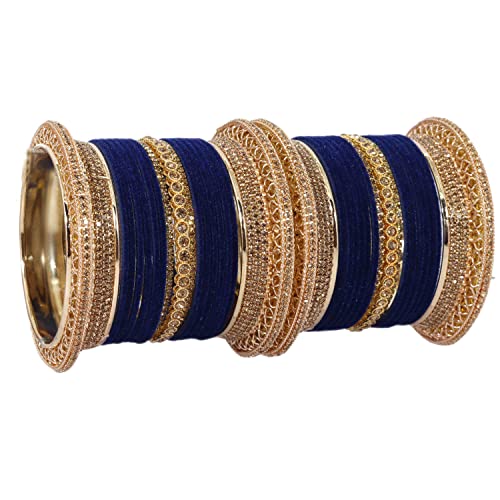 Image of NMII Non-Precious Metal with Base Metal and Studded with Zircon Gemstone Glossy Finished Traditional Velvet Bangle Chuda set for Women and Girls