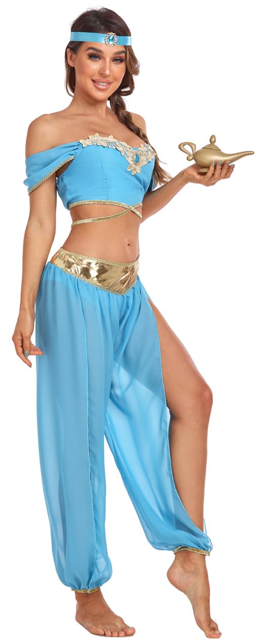 TRACYCY Disfraz de Princesa Jasmine para Mujer Princesa Aladdin Latín Vientre Sexy Top y Pantalón con Tocado 3 Piezas Set Adulta Halloween Carnaval Navidad Cumpleaños Fiesta Cosplay Costume