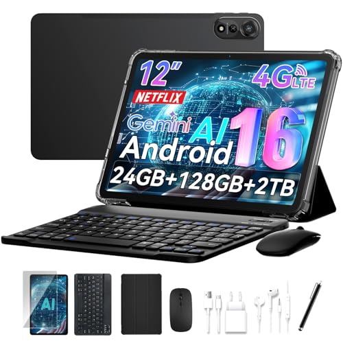 2026 Tablet Android 16,Tablet 12 Pollici con Tastiera,4G LTE+5G WiFi,24GB RAM+128GB ROM,Octa-Core Tablets con Penna/Mouse per lavoro e studio,9000mAh,WideVine L1/Gemini AI/GPS/Face ID,Garanzia 4 Anni