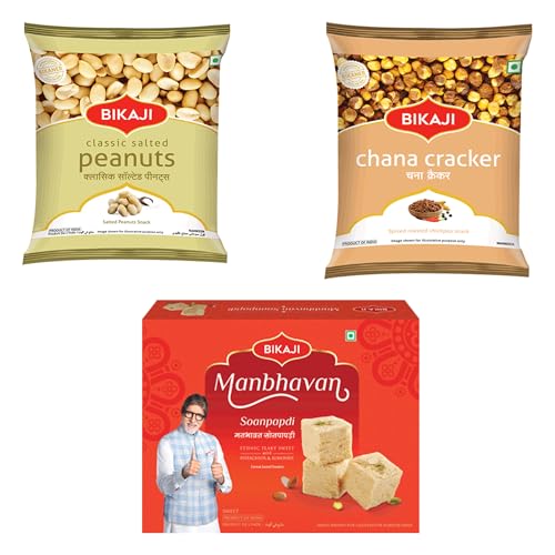 Bikaji Soan papdi manbhavan 500g & salted peanut 200g & roasted chana cracker 200g | Indian Sweet & Savory Snack Combo | 900g (31.74oz) Gift Pack