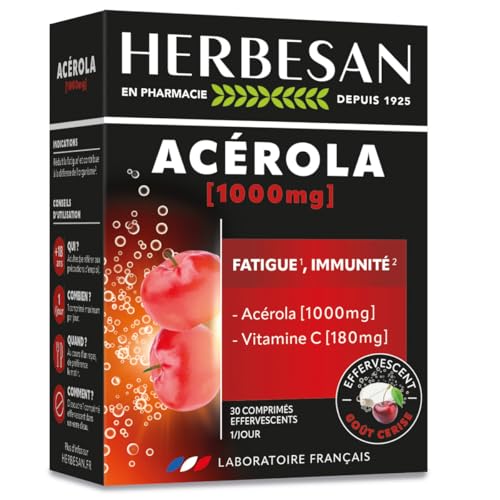 HERBESAN®- ACÉROLA 1000 - Vitalité - Goût cerise - Haute concentration en Vitamine C-Réduction de la fatigue- 30 comprimés effervescents