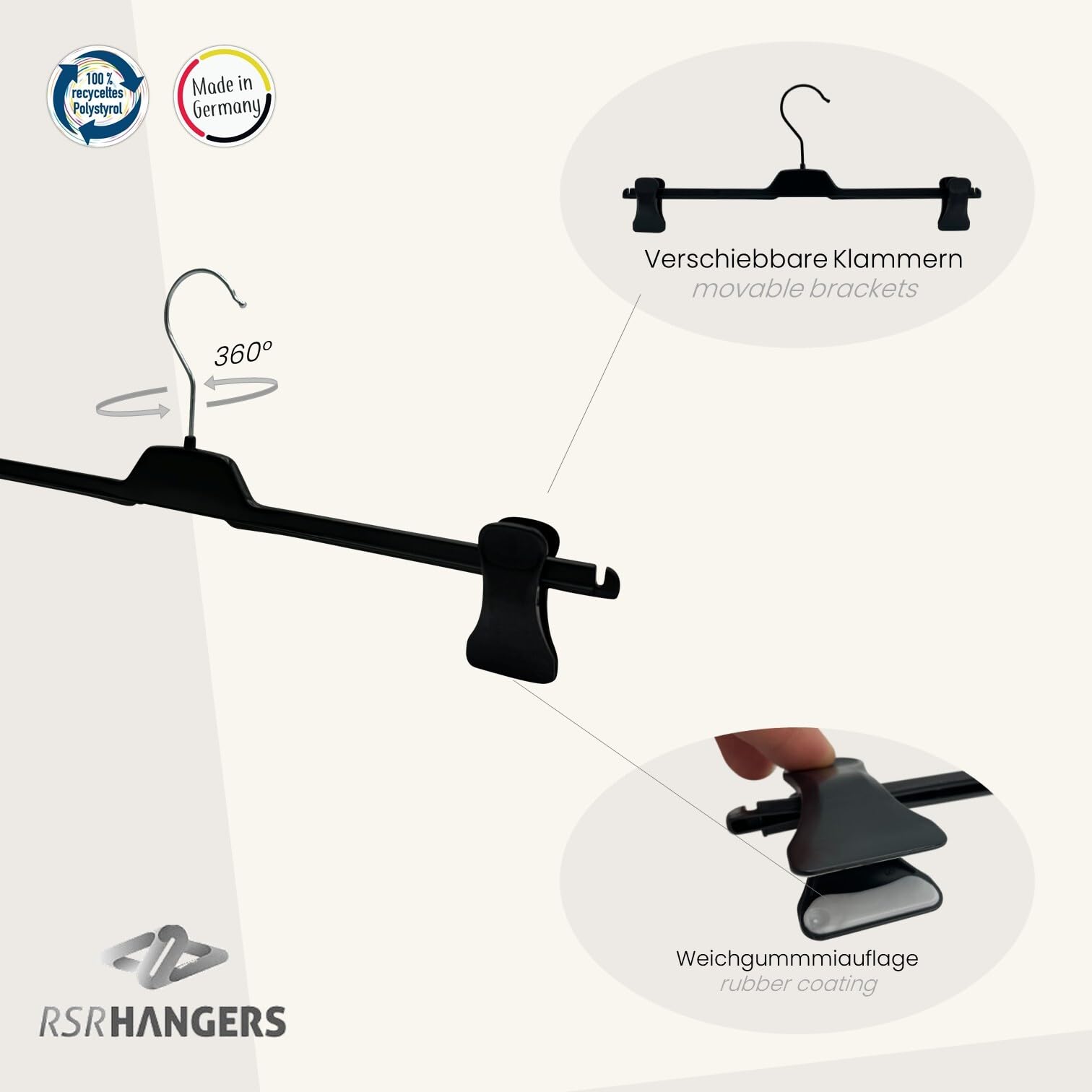 RSR Hangers Lot De 20 Cintres NA 47 Cm - En Plastique - Crochet Rotatif à 360 ° - Peu Encombrant