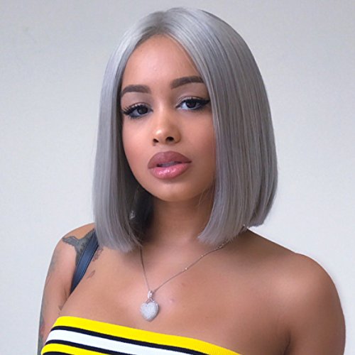 V'NICE Silver Grey Bob Synthetic Lace Front Wig Straight Gray Front Lace Wig Heat Resistant Fiber Glueless Wig