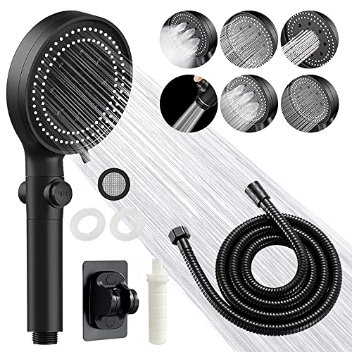 Pommeau de Douche - 6 Modes de Douchette à main Douchette Amovible Tête de Douche, Pommeau de Douche Economie Deau Haute Pression, Arrêt à Un Bouton, Flexible de Douche 1.5M,Coton PP Filtre,Noir