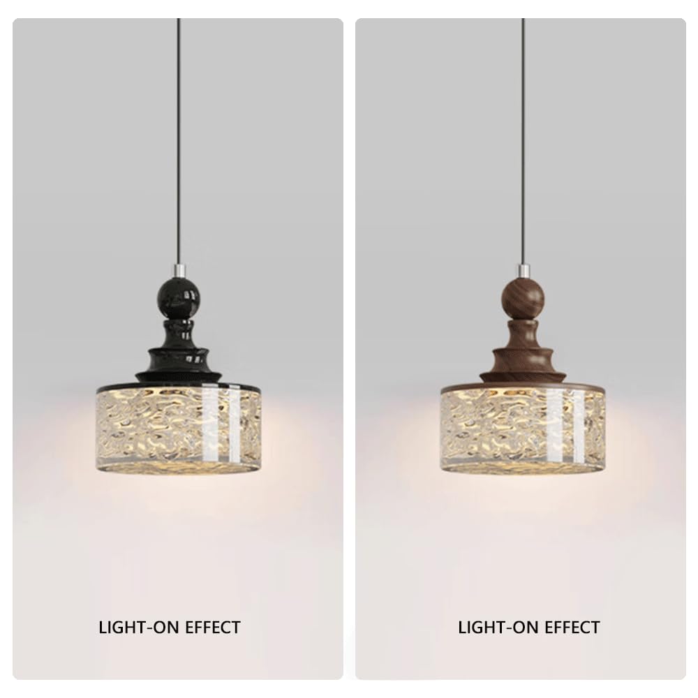 Cylindryczna lampa wisząca z żywicy w stylu Pagoda, francuski żyrandol retro z połowy wieku, żelazna rama z żywicy orzechowej/czarny i przezroczysty, 12 W LED, lampa wisząca do sypialni