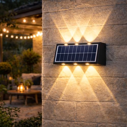 Image of Gesto 6W Solar Wall Lights Outdoor Waterproof IP65, Warm White Up & Down Wall Lamp with 1200mAh Battery, Auto ON /Off Dusk to Dawn, Exterior Light for Garden Fence Gate Patio Pathway Elevation Balcony