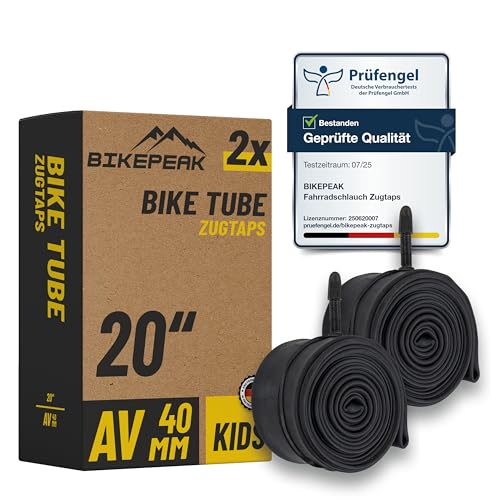 BikePeak 2X Kinder Fahrradschlauch 20 Zoll mit schwarzem Autoventil 40mm - Schlauch AV Schrader Ventil ETRTO 40/62-406 500A - 2er Set Schläuche Zugtaps Kinderfahrräder BMX Tretroller Kickboard