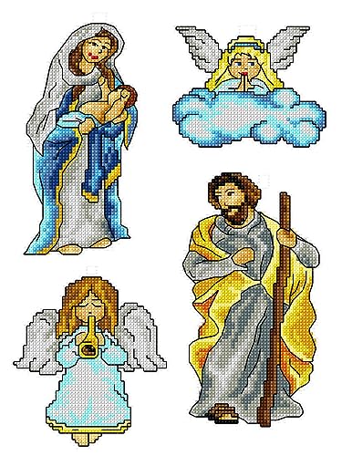 Image of Counted Cross-Stitch Kit on Plastic Canvas with Nativity. 4 Superior Ornaments Different Dimensions 153CS. 14 Count Plastic Canvas Sheets 8.27x11.02 Inches. Marvelous for Art & Craft Amateurs