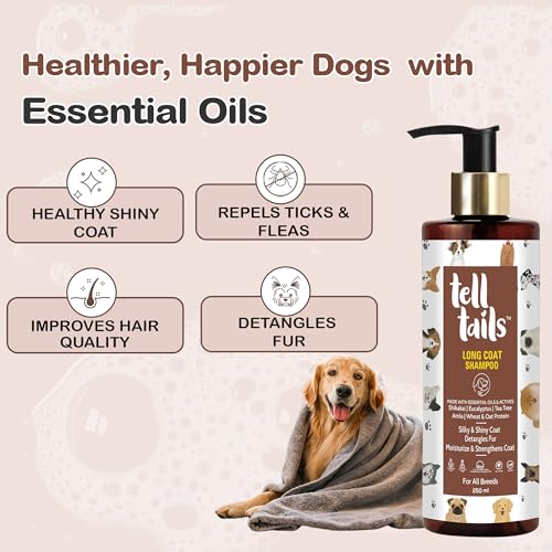 Image of Long Coat Dog Shampoo - 250ml - Moisturises, Detangles & Strengthens - Shikakai, Eucalyptus, Tea Tree, Amla, Wheat & Oat Protein - Repels Ticks & Fleas - For Shih Tzu, Retriever & All Breeds
