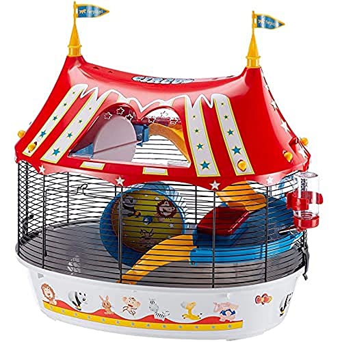 Ferplast Jaula de Tres Pisos para hámsteres Circus Fun, Ratones y pequeños roedores, Plástico Robusto y Metal, Coloridos Adhesivos y Accesorios incluidos 49,5 x 34 x h 42,5 cm Negro
