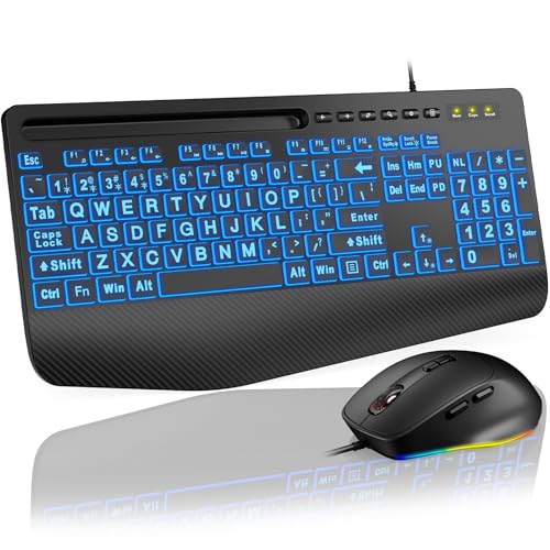 SABLUTE KM21Pro Wired Keyboard Mouse Combo - Large Print Backlit, Ergonomic Wrist Rest, 6 DPI RGB for PC/Windows - Ideal for Seniors, Students, Office and Home