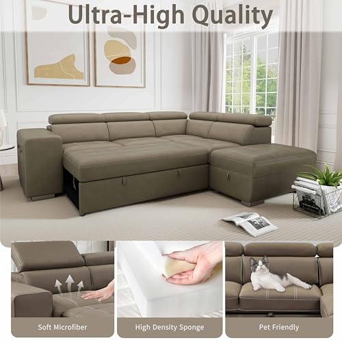 THSUPER 104'' Microfiber L Shaped Sectional Sleeper Sofa Couch with Pull Out Bed and Storage Ottoman, Convertible Couches with Adjustable Headrest for Living Room, Right Facing Chaise. Light Brown