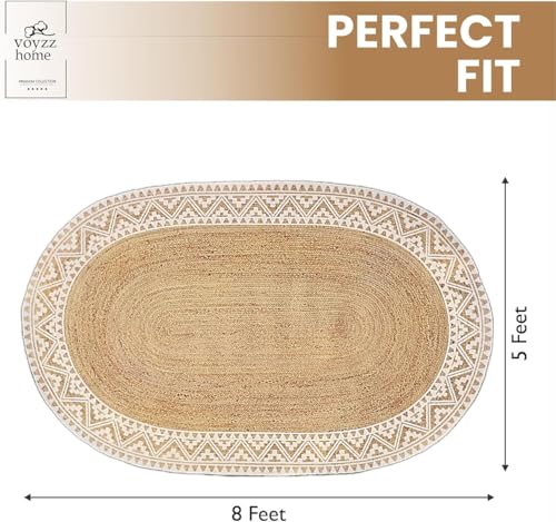 Image of voyzz home 5X8 Feet-Oval, Premium Natural Jute Braided Area Rug, White Printed Border & Backing, Stain Resistance, Natural Brown, Handmade Rug for Entryways, Living Room, Dining Room,Bedroom,Farmhouse