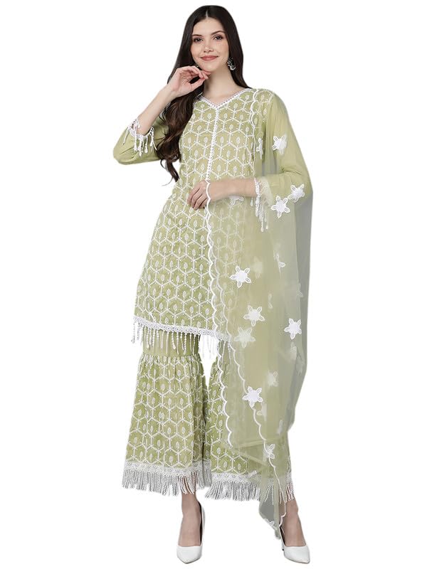 Image of Vaamsi Women's Poly Silk Embroidered Kurta Sharara With Dupatta (PKSKD1403 3XL Beige)