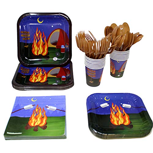 Camping Party Supplies Packs (113+ Pieces for 16 Guests!), Camping Birthday, Camping Plates, Camping Cups, Camping Napkins, Blue Orchards