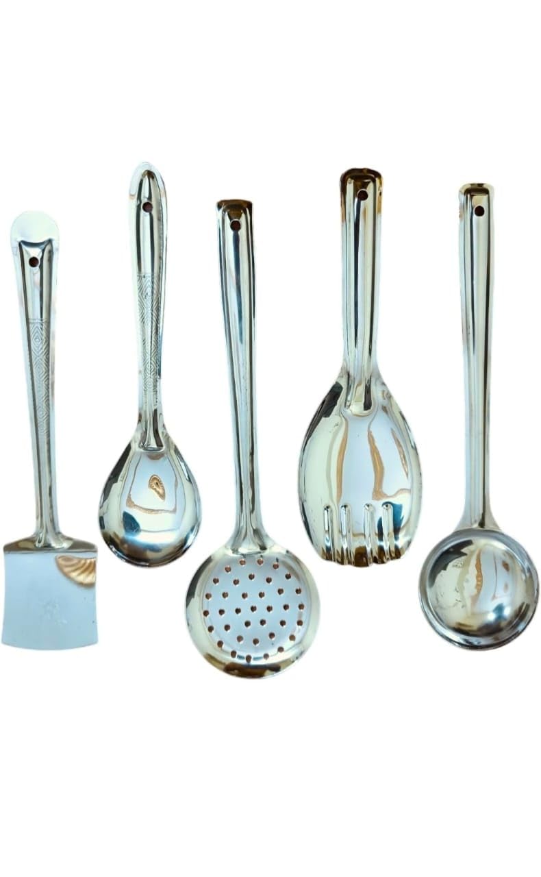 5-Piece Stainless Steel Serving Spoon Set - Heavy Gauge Kitchen Tools for Cooking - Includes Ladle, Skimmer, Spatula, Basting & Rice Spoon - Silver Utensils for Home Use 1