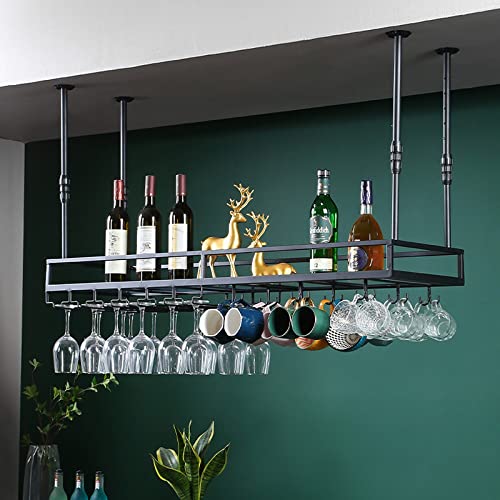 Ceiling Wine Glass Rack, Hanging Metal Wine Rack Cabinet, 19.6-39.4 inch Height Adjustable Wine Bottle Rack, Wine Glass Storage Rack for Different Types of Goblets Ornament, for Bar Kitchen
