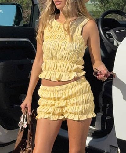 Argeousgor Women Y2K Smocked Shorts Set Tiered Ruched Shirred Tank Top Ruffle Frill Bloomer Pleated Shorts Set2