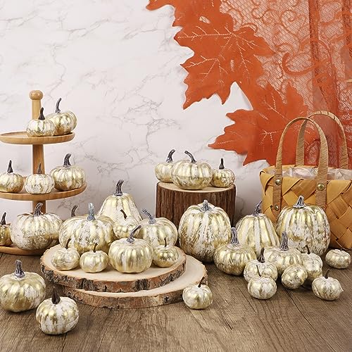 Image of winemana 46 Pcs Artificial Gold Pumpkins Fall Decorations for Home | Foam Material, Assorted Sizes, Halloween Autumn Thanksgiving Decor, For Table Centerpiece Mantle Bowl Wedding Party