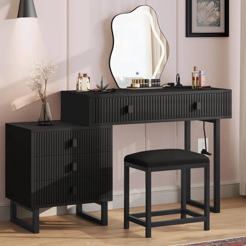 modern vanity dressing table set with led mirror, 5 storage drawers, cushioned stool, black