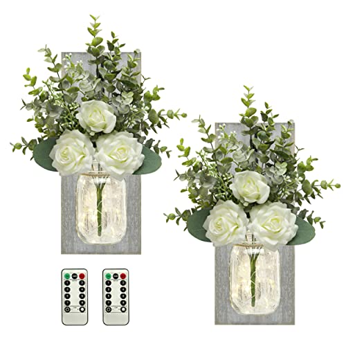 Tenxvi Designs Remote Controlled Jar Sconces With Roses And Eucalyptus - Set Of 2 - Rustic Farmhouse, Boho, Country Western Home Wall Decoration For A Dining Room, Living Room, Bedroom - Gray #TOP28