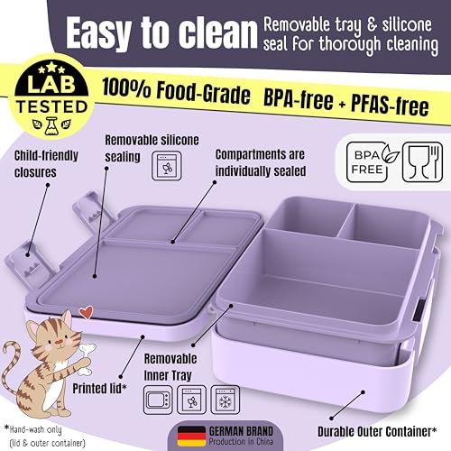 Image of BEARFOOT Kids Lunch Box with Compartments - Compact & Lightweight | Leak-Proof, BPA-Free, Dishwasher Safe | Hand-Drawn Design for Preschool, School, Travel (Sticker Purple, 4 Cups)